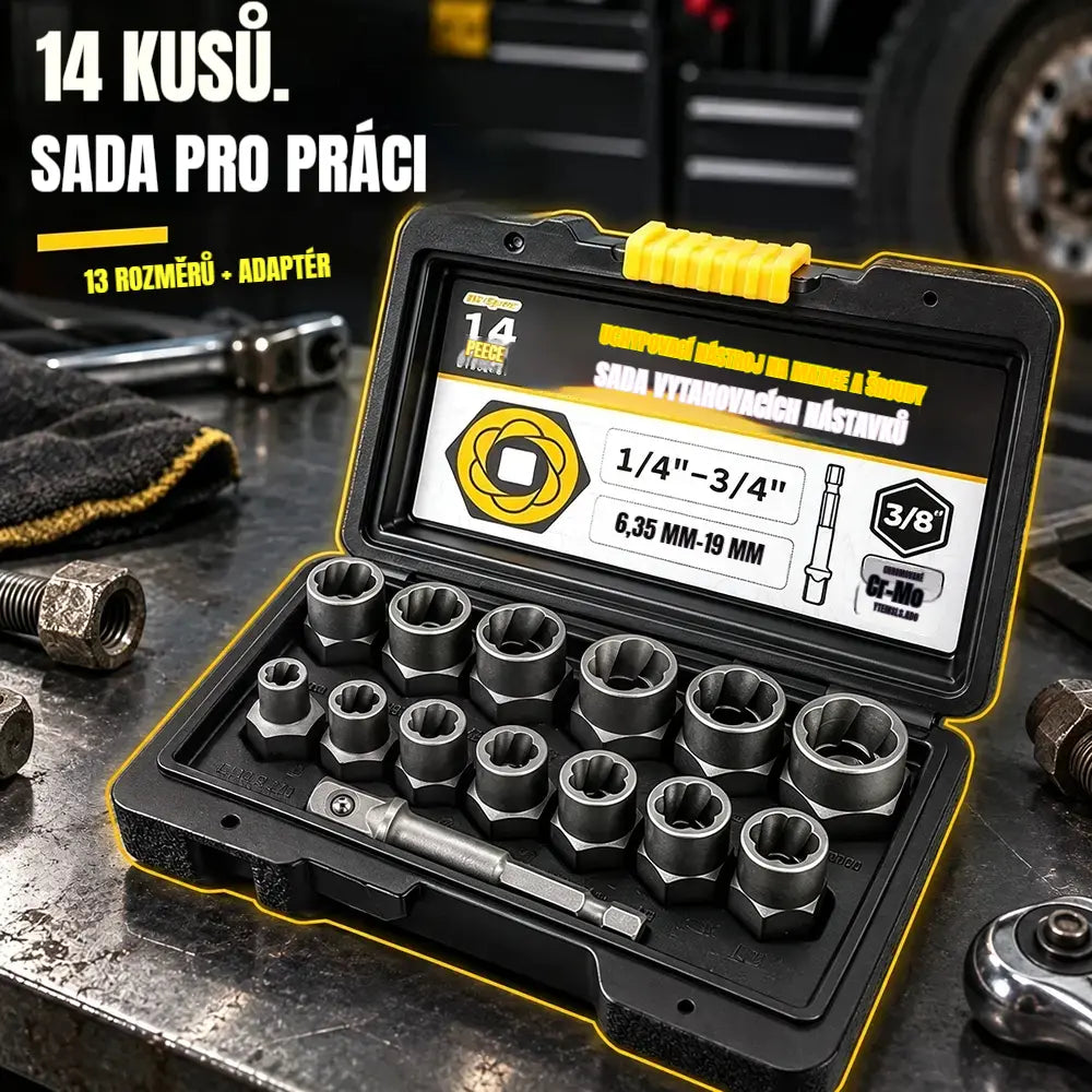 🛠️ Profesionální řešení pro zaseknutá šrouby! Sada poškozených vytahovačů matic a šroubů (14 kusů)! Ultra pevná chrommolybdenová ocel · Protiskluzový profil · S přepravním pouzdrem!