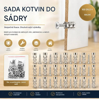 🛠️【100 párů】🔩 Sada samovrtných kotev do sádrokartonu se šrouby 🧱 – Snadno instalovatelné příslušenství pro montáž na zeď