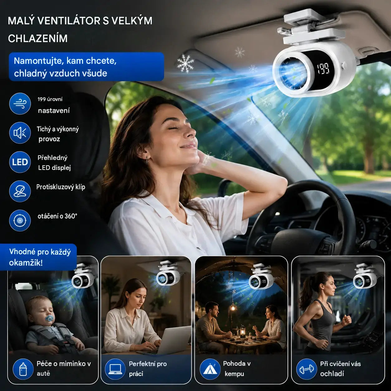 🌀 Hands-free ventilátor s LED displejem, vestavěným klipem a 199 nastavitelnými úrovněmi