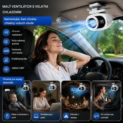 🌀 Hands-free ventilátor s LED displejem, vestavěným klipem a 199 nastavitelnými úrovněmi