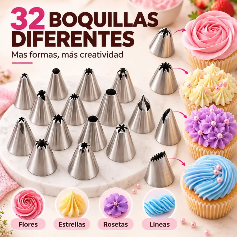 🎂✨ Sada na zdobení dortů s 38 díly, 32 trysek z nerezové oceli se 2 silikonovými zdobicími sáčky a organizérem 🧁