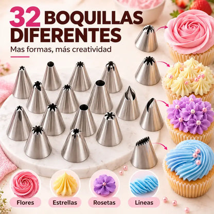 🎂✨ Sada na zdobení dortů s 38 díly, 32 trysek z nerezové oceli se 2 silikonovými zdobicími sáčky a organizérem 🧁