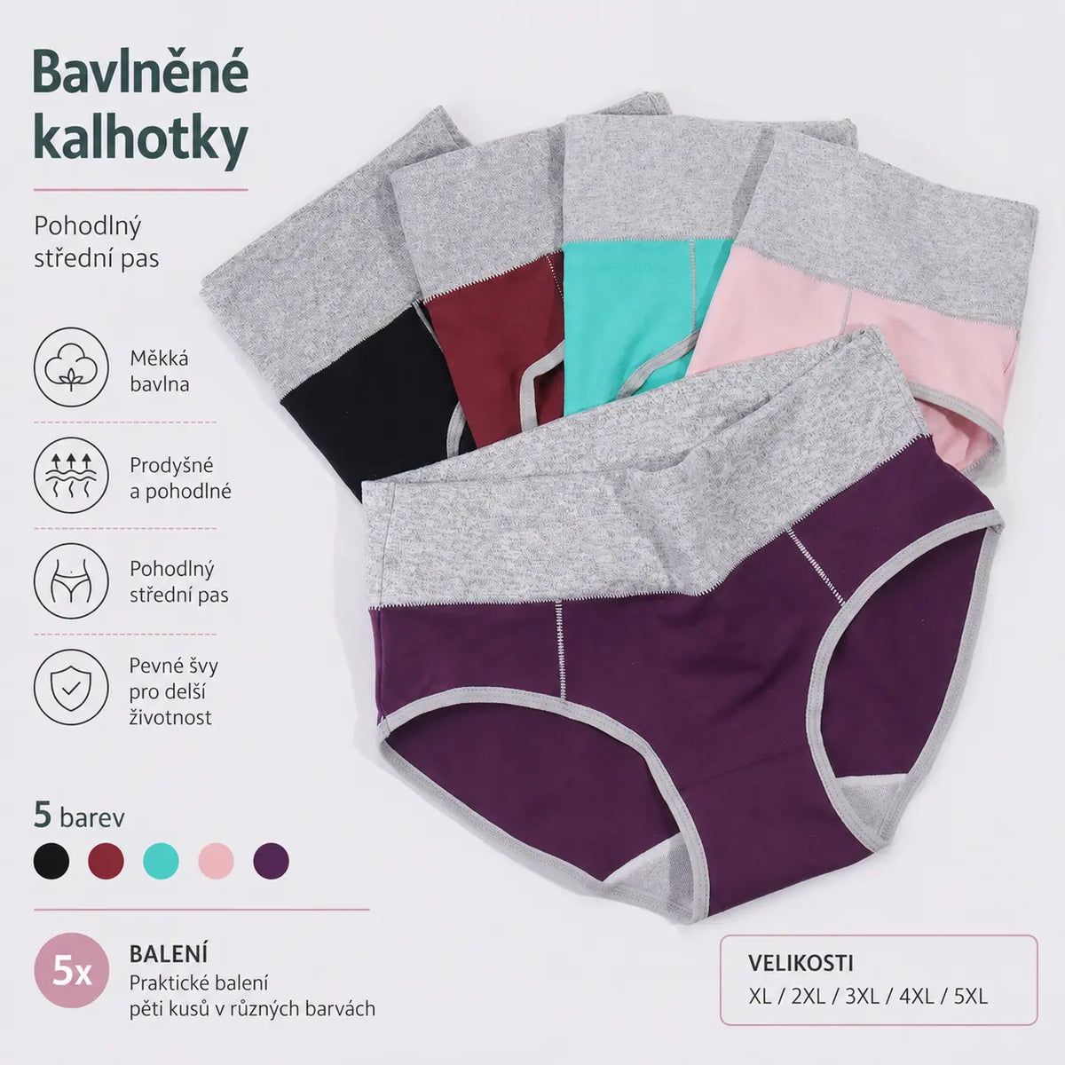 🩲【40 kg–110 kg】Pětidílná sada💕Čistě bavlněné antibakteriální spodní prádlo s vysokým pasem a absorpcí vlhkosti.