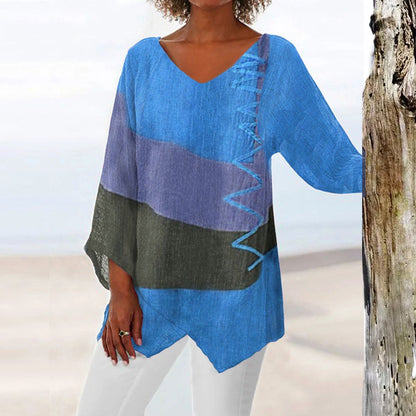 ⏳ Poslední den – sleva 50 % 😍【S~5XL】Dámský elegantní ležérní top s výstřihem do V a dlouhým rukávem, uměleckým vzorem a potiskem