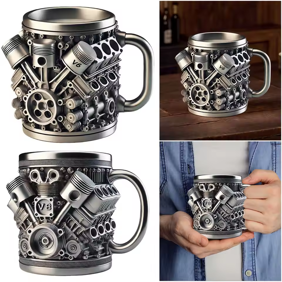 🎁☕ Hrnek na kávu z nerezové oceli Creative Engine V6V8, mechanický design