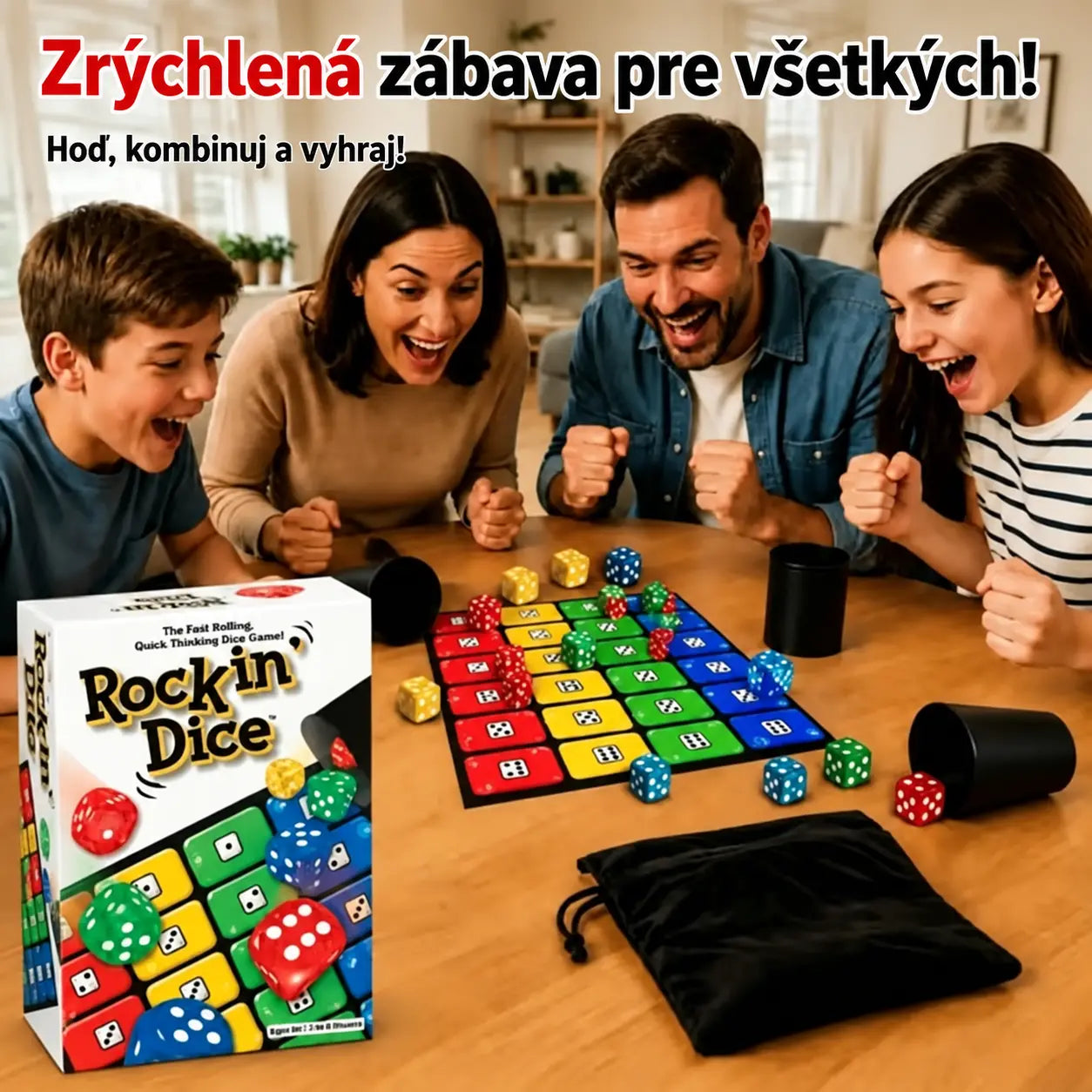 🎲👨‍👩‍👧‍👦 Rodinná desková hra Rockin' Dice – rychlá a zábavná kostková hra pro 2-4 hráče. Ideální pro společný večer, jednoduchá pravidla, která zvládne každý! ✨