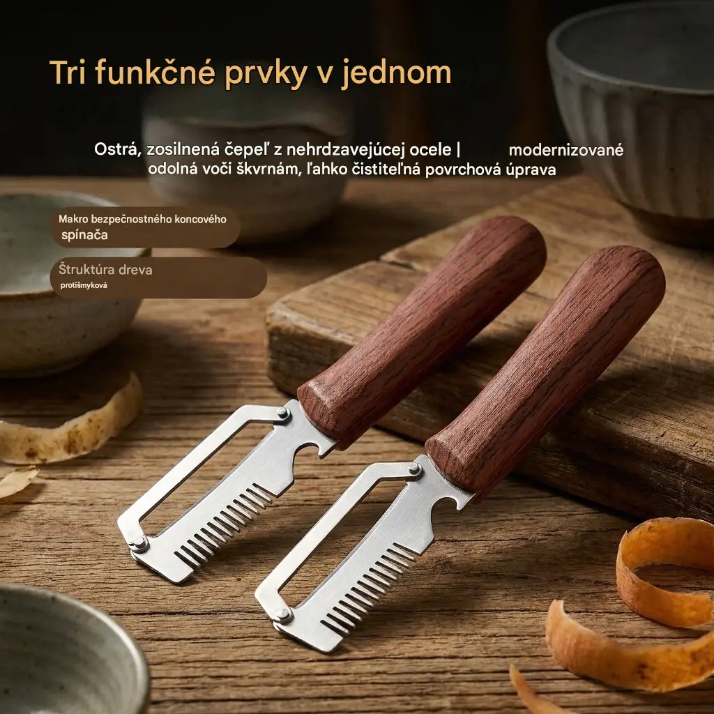 ✅Kupte 1 a získejte 1 zdarma (celkem dva kusy)🧅🔪 Multifunkční kuchyňská škrabka 3 v 1: Loupe, seká a otevírá láhve! 🔥