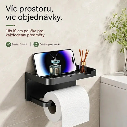 Nástěnný držák toaletního papíru s příslušenstvím, robustní základna, moderní koupelnová polička, snadná instalace, pojme mobilní telefony a další předměty.