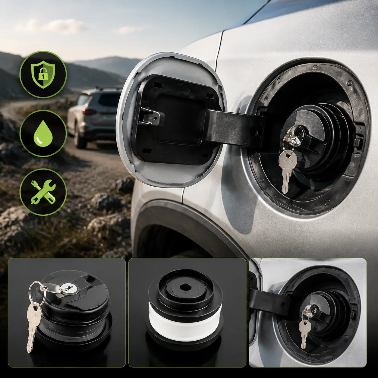 🚗🔒Odolný, uzamykatelný (klíčem) uzávěr palivové nádrže