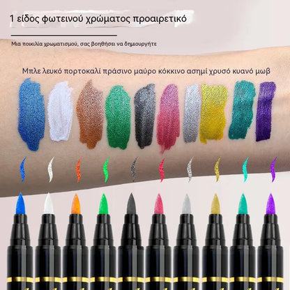 ✨Sada 10 barevných třpytivých fixů na obličej a tělo – šetrná k pokožce, odolná vůči potu a dodává oslnivý lesk ✨