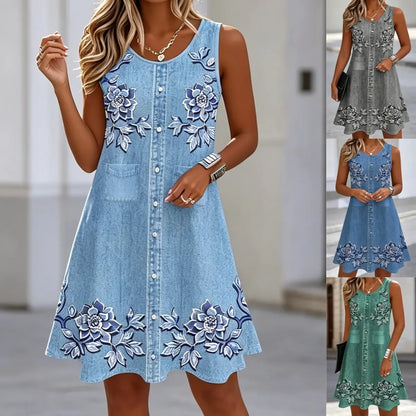 👗Letní novinka ve speciální nabídce 【S-2XL】 – Pohodlné letní šaty s kulatým výstřihem a potiskem, zeštíhlující a snadno kombinovatelné.