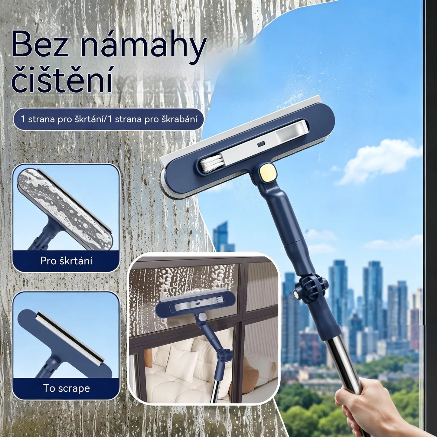 Oboustranný čistič oken 2 v 1 s výsuvnou rukojetí pro čištění oken ve výškových budovách.