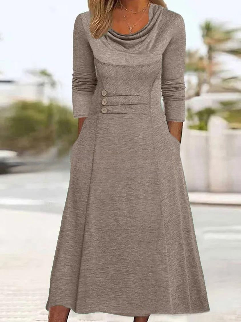 【S-3XL】👗 Nové podzimní jednobarevné šaty s kulatým výstřihem a knoflíkem v pase do kapsy pro rok
