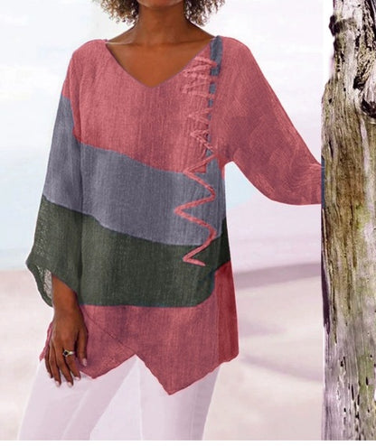 😍 [S~5XL] Dámský elegantní ležérní top: výstřih do V, dlouhý rukáv, umělecký potisk