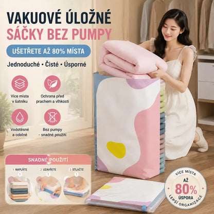 🧳【Sada 5 kusů】 Velký, stlačitelný vakuový úložný sáček: není potřeba pumpička, nepropustný a ideální pro úsporu místa v kufrech i doma