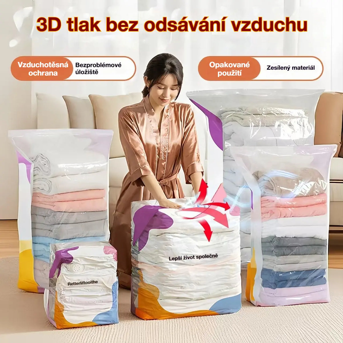 🧳【Sada 5 kusů】 Velký, stlačitelný vakuový úložný sáček: není potřeba pumpička, nepropustný a ideální pro úsporu místa v kufrech i doma