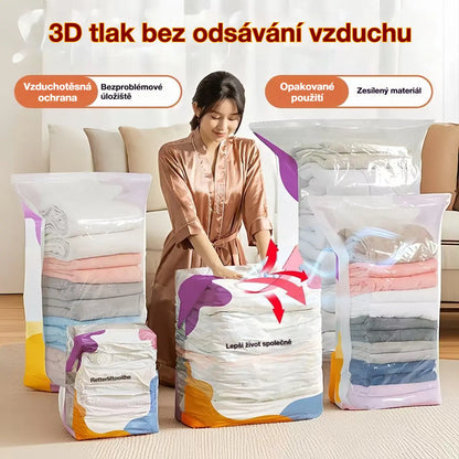 🧳【Sada 5 kusů】 Velký, stlačitelný vakuový úložný sáček: není potřeba pumpička, nepropustný a ideální pro úsporu místa v kufrech i doma