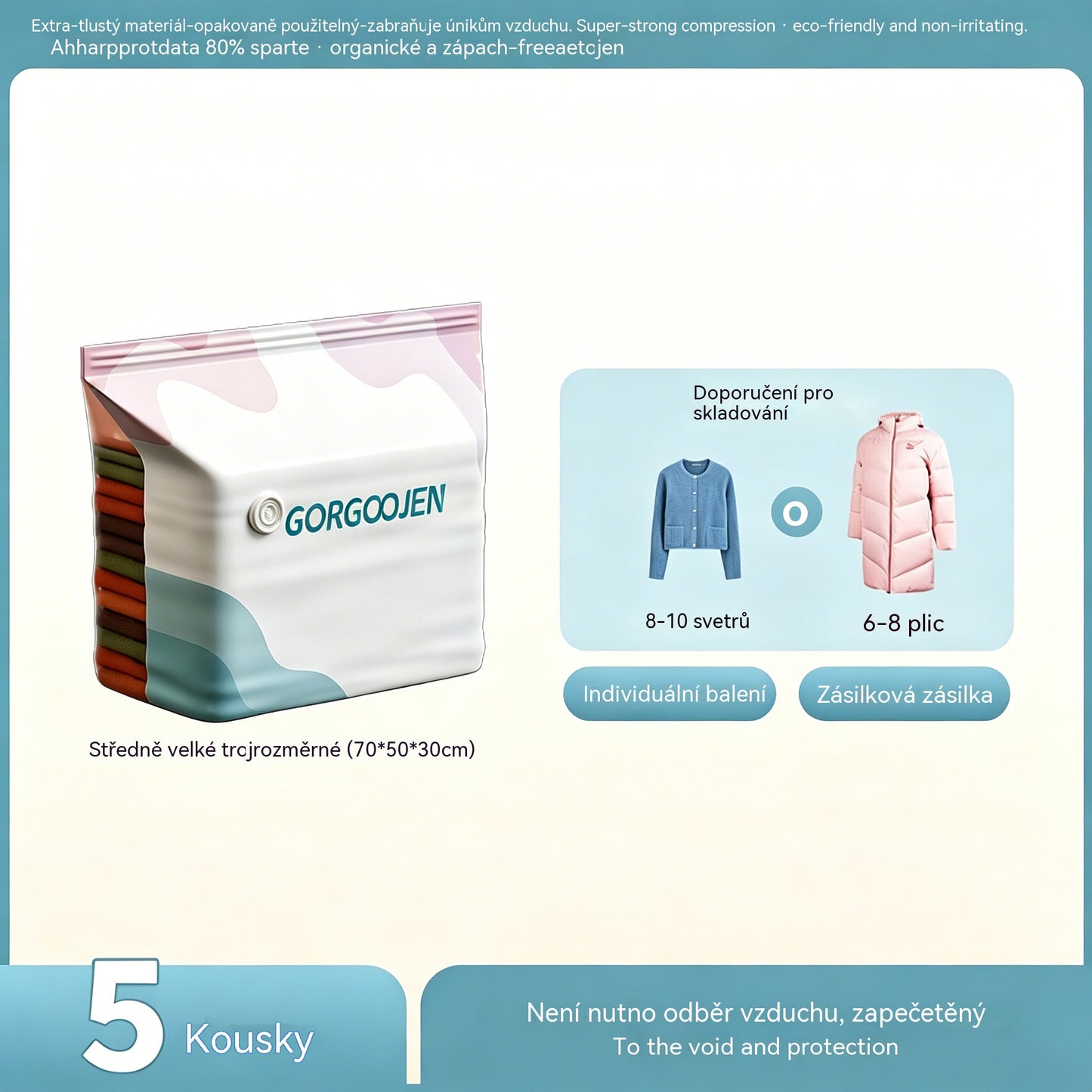 🧳 5 kusy 590Kč 💨 Velký, stlačitelný vakuový úložný sáček: není potřeba pumpička, nepropustný a ideální pro úsporu místa v kufrech i doma ✈️