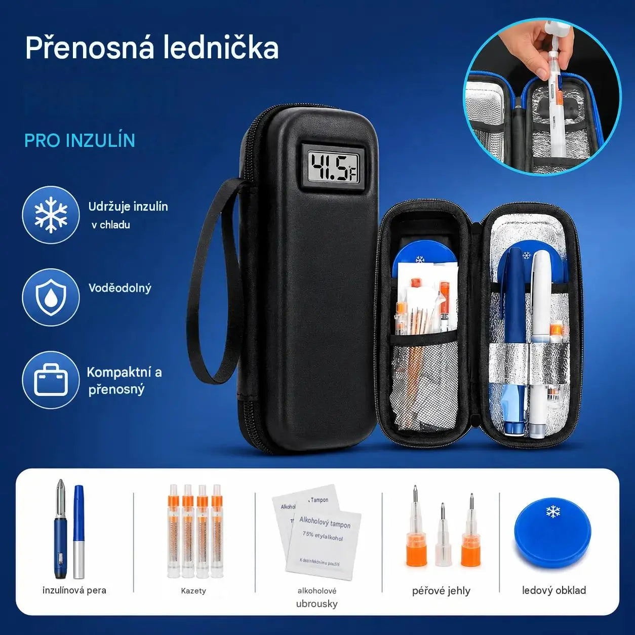 Cestovní chladicí pouzdro na inzulín s ukazatelem teploty