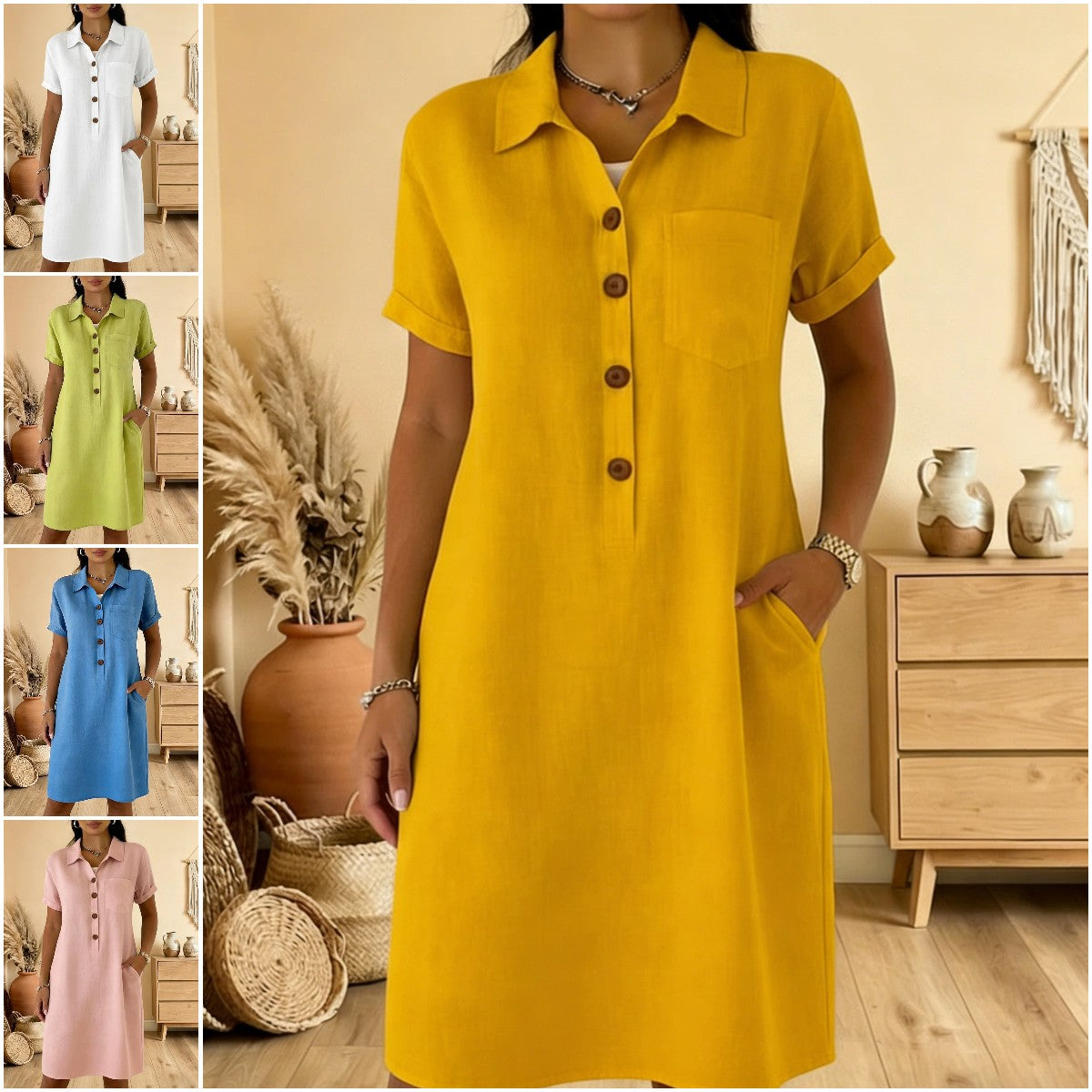 ⏳ Časově omezená nabídka! ⏰🍋【S-3XL】Dámské bavlněné šaty s kapsami