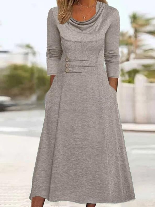 【S-3XL】👗 Nové podzimní jednobarevné šaty s kulatým výstřihem a knoflíkem v pase do kapsy pro rok