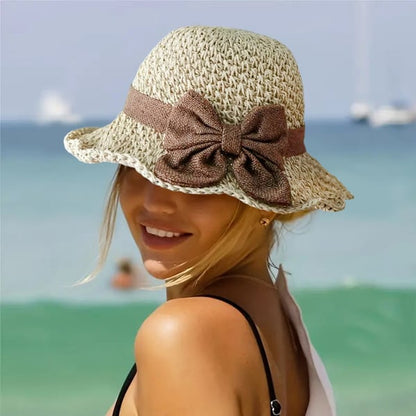 🎀🎀 50% SLEVA 👒 | Retro slaměný klobouk s mašlí – skládací a prodyšný na léto