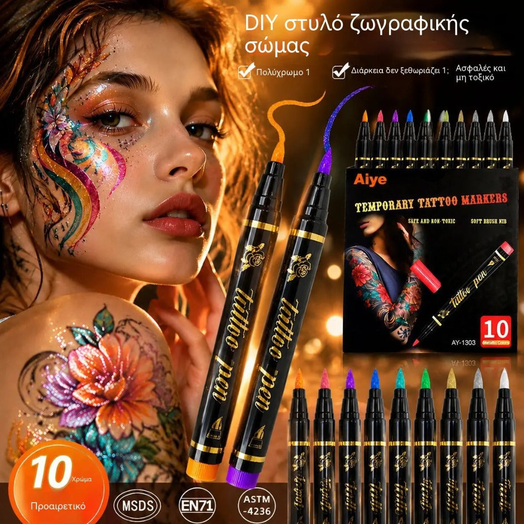 ✨Sada 10 barevných třpytivých fixů na obličej a tělo – šetrná k pokožce, odolná vůči potu a dodává oslnivý lesk ✨