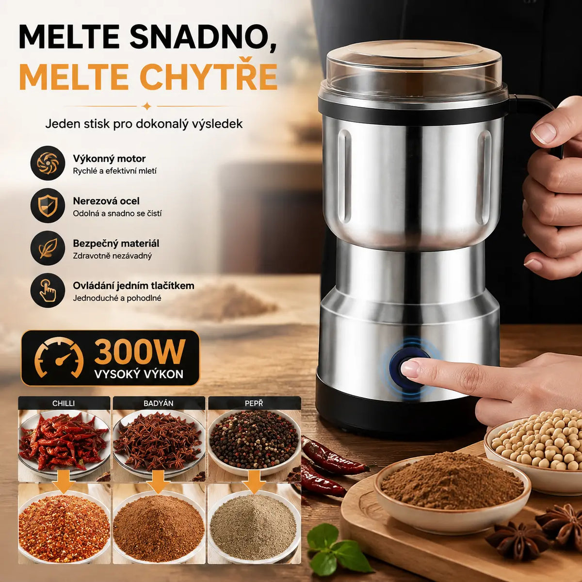 🌶️⚡ Sleva 50 %! Multifunkční elektrický mlýnek – na koření, kávu, bylinky a ořechy – čepele z nerezové oceli, mletí jedním dotykem ✨