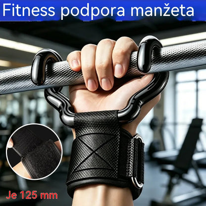 Sada 2 fitness háků pro kulturistiku a vzpírání, 125 mm rozšířená podpora, protiskluzové popruhy na zápěstí, nosnost 250 kg pro přítahy a mrtvé tahy