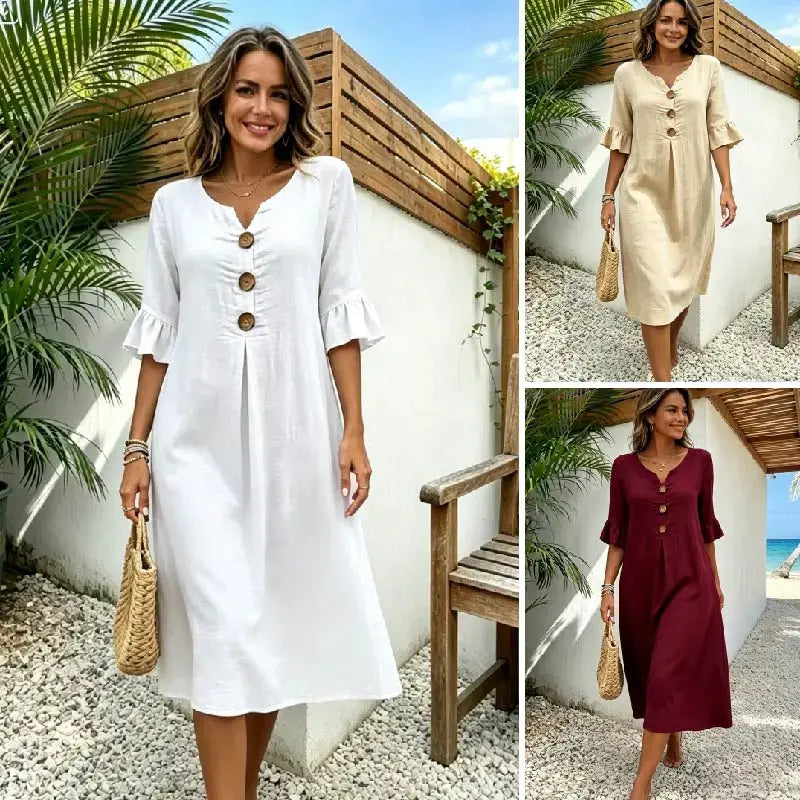 ✨【S-3XL】Dámské šaty z bavlny a lnu s nafoukanými rukávy a knoflíky