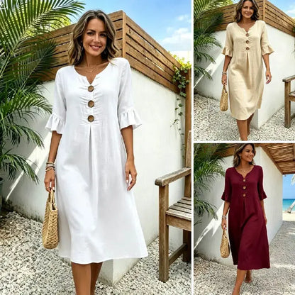 ✨【S-3XL】Dámské šaty z bavlny a lnu s nafoukanými rukávy a knoflíky