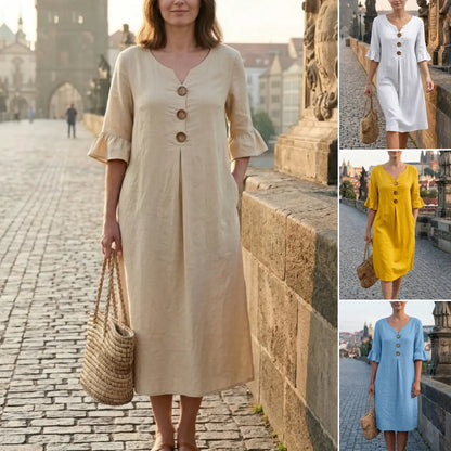✨【S-3XL】Dámské šaty z bavlny a lnu s nafoukanými rukávy a knoflíky