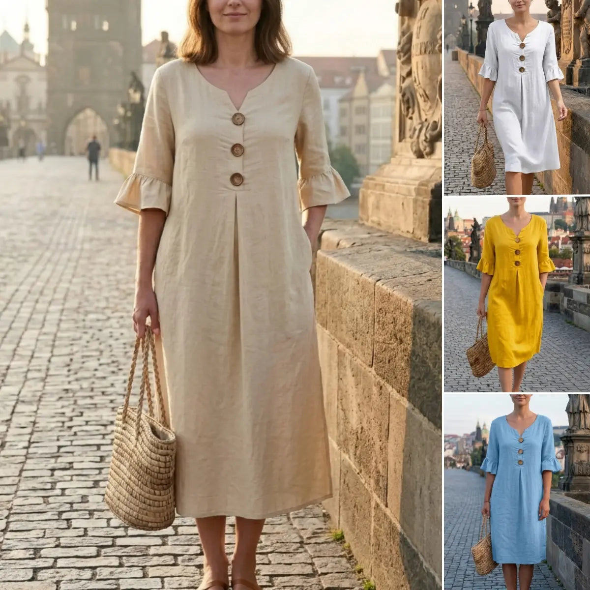 ✨【S-3XL】Dámské šaty z bavlny a lnu s nafoukanými rukávy a knoflíky