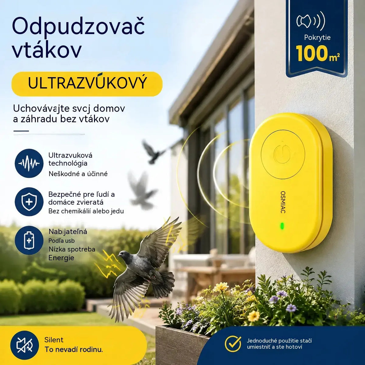 🐦 Přenosný ultrazvukový odpuzovač ptáků | Automatický odpuzovač holubů, ideální na balkony, do zahrad a exteriéru