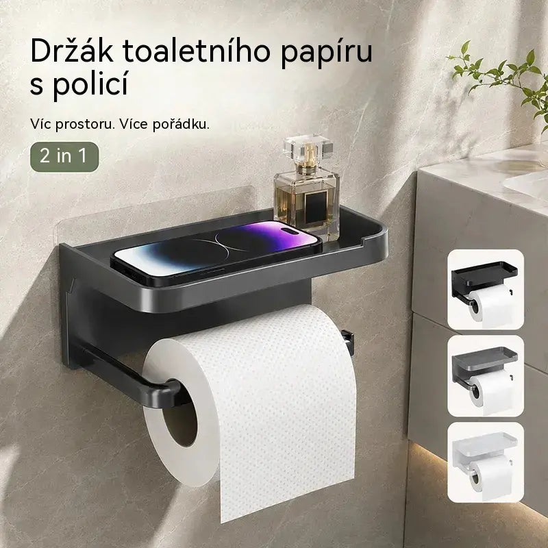 Nástěnný držák toaletního papíru s příslušenstvím, robustní základna, moderní koupelnová polička, snadná instalace, pojme mobilní telefony a další předměty.