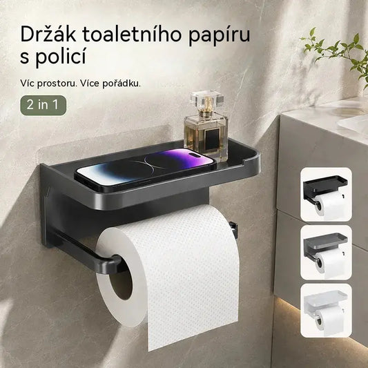 Nástěnný držák toaletního papíru s příslušenstvím, robustní základna, moderní koupelnová polička, snadná instalace, pojme mobilní telefony a další předměty.