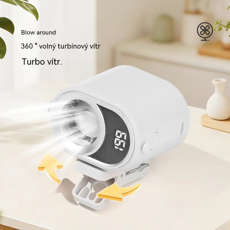 🌀 Hands-free ventilátor s LED displejem, vestavěným klipem a 199 nastavitelnými úrovněmi