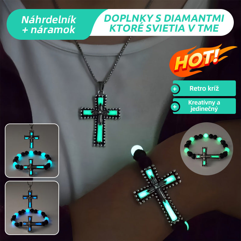 💥Unikátní sada hip-hopového retro náhrdelníku a náramku s křížkem, zdobenými kamínky a vynikajícím efektem svítícím ve tmě.