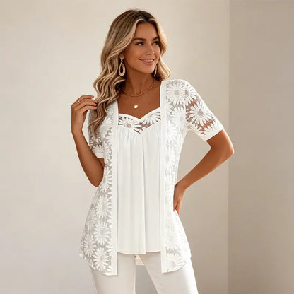 👚 Elegantní halenky 2 v 1 s krajkou a síťovinou – zeštíhlující střih proti bříšku, 5 barev, velikosti S–4XL! 🌸✨