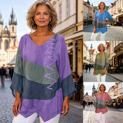 😍 [S~5XL] Dámský elegantní ležérní top: výstřih do V, dlouhý rukáv, umělecký potisk