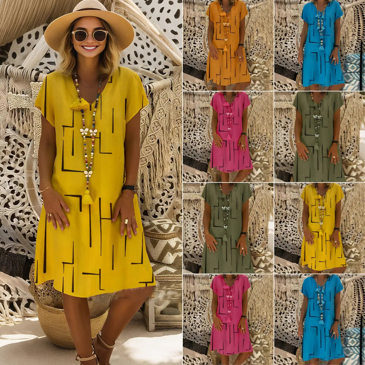 【45% OFF】【🏆 Kupte 1 a získáte 1 zdarma】👗【S-5XL】Potištěné bavlněné šaty s výstřihem do V