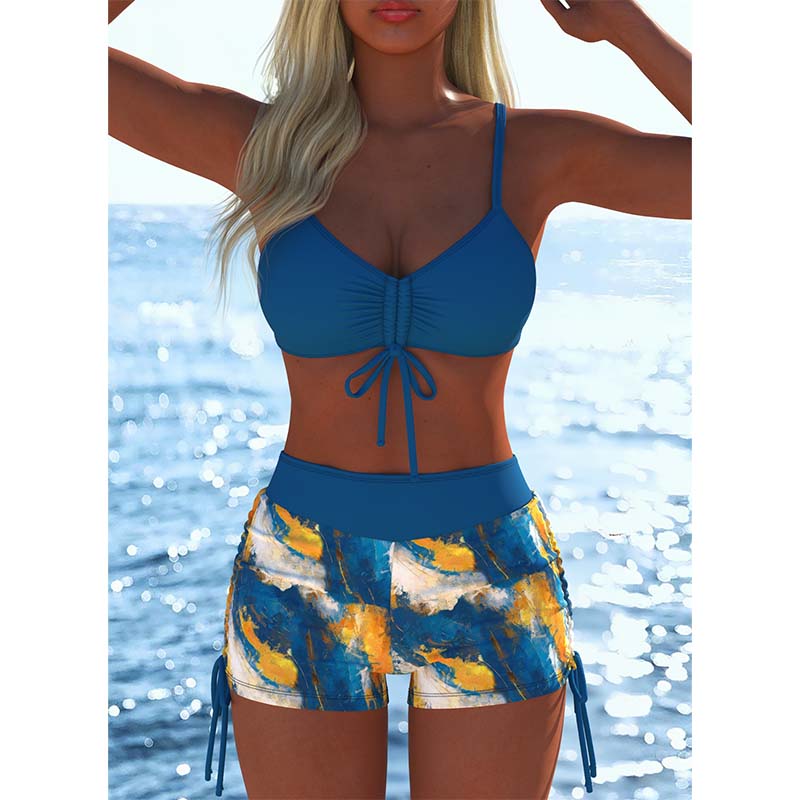 🌈Dámský bikinový set s krajkou a vzorem (s kraťasy)⛱️
