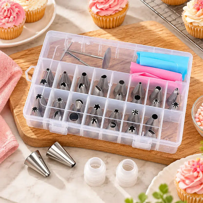 🎂✨ Sada na zdobení dortů s 38 díly, 32 trysek z nerezové oceli se 2 silikonovými zdobicími sáčky a organizérem 🧁