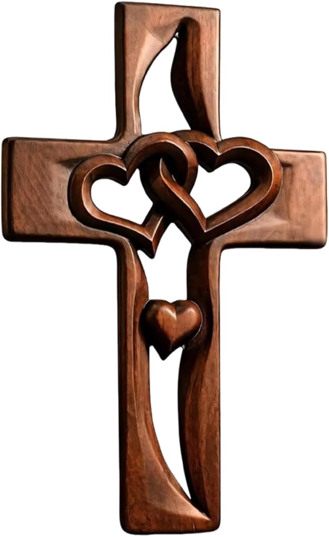 ✨✝️Ručně vyřezávaný dřevěný kříž ve tvaru srdce na zeď
