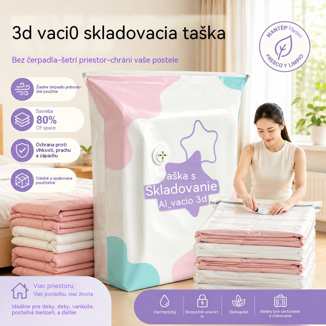 🧳【5-dílná sada】💨 Velká, stlačitelná vakuová úložná kapsa: nevyžaduje pumpičku, je nepropustná a ideální pro úsporu místa v kufru a doma ✈️