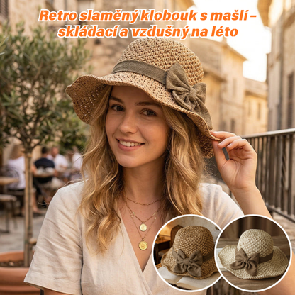 🎀🎀 50% SLEVA 👒 | Retro slaměný klobouk s mašlí – skládací a prodyšný na léto