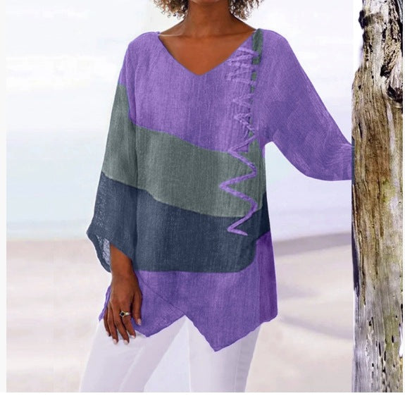 😍 [S~5XL] Dámský elegantní ležérní top: výstřih do V, dlouhý rukáv, umělecký potisk