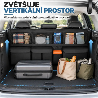 🚗📦 Závěsný organizér do kufru auta – rozměry 105 x 51 cm, uvolní podlahu kufru, kompatibilní s SUV a rodinnými auty, barvy černá a šedá.