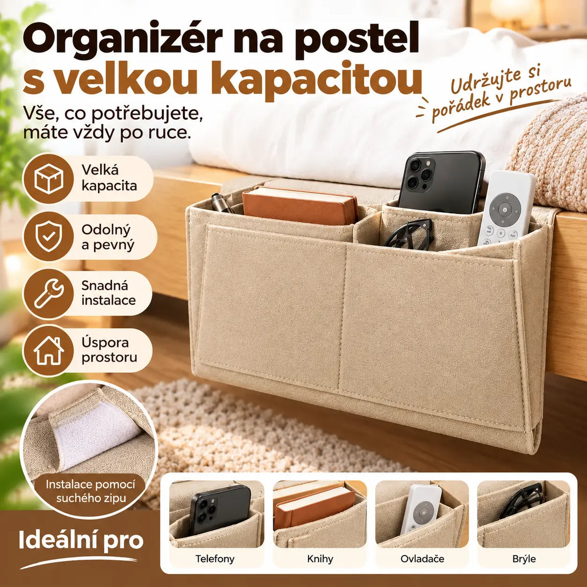 🔥 Sleva 50 %! 🛏️✨ Závěsný organizér k posteli: mějte vše potřebné po ruce.