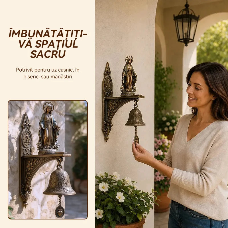 Starožitný nástěnný zvonek s Pannou Marií (zázračná medaile), vyrobený z prvotřídní pryskyřice ve vzhledu antického bronzu, posvátná dekorace na bránu a zahradu